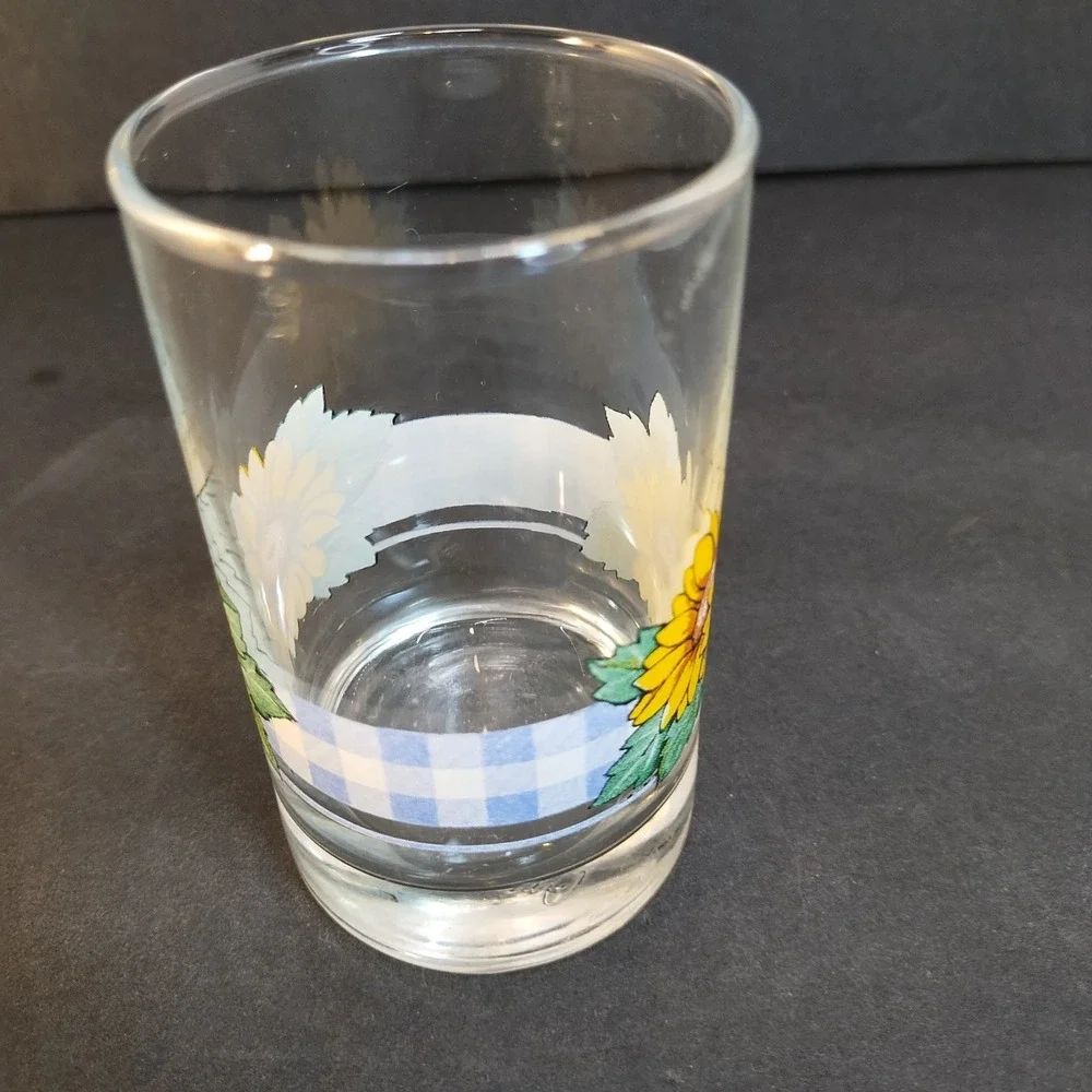 VTG Corelle Sunsations CRISA 5 pc Juice Glass Set Sunflowers Gingham 7 oz Blue